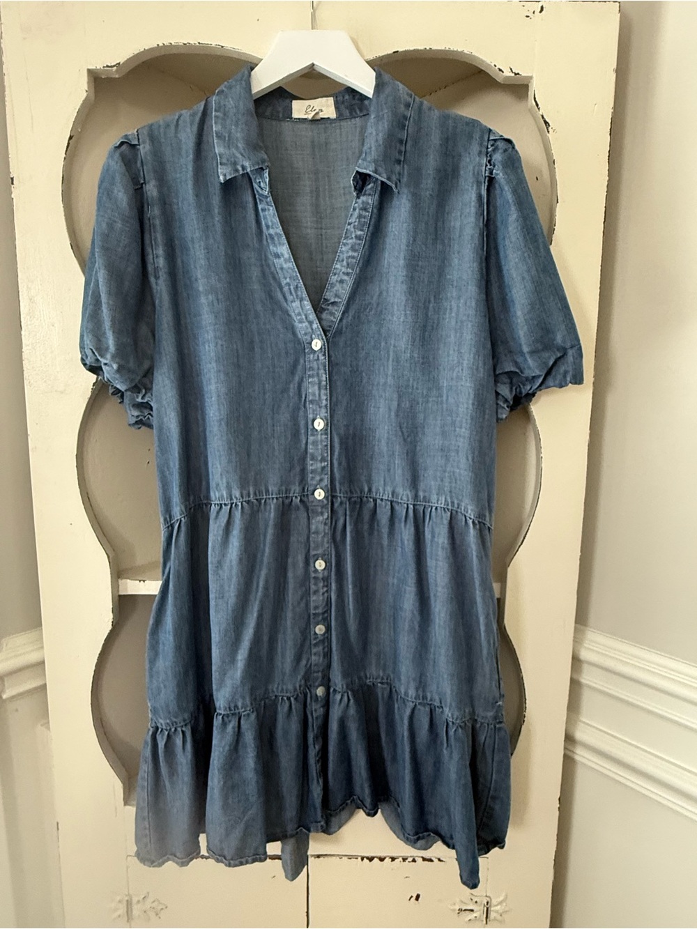 Elan Denim-Blue Button-Front Tiered Short Dress